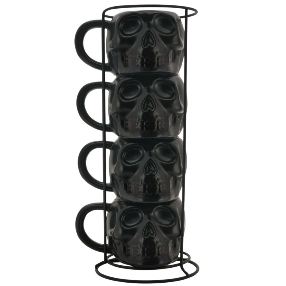 Way to celebrate Halloween black skull mug set with iron rack NWT